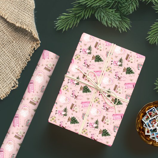 Santa Retro Roze Kerst Custom Monogram Cadeaupapier
