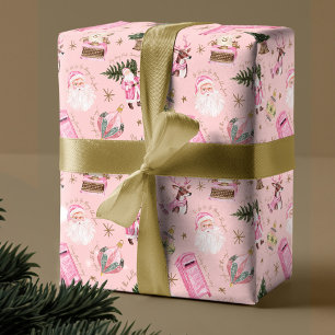 Santa Retro Roze Kerst Custom Monogram Cadeaupapier