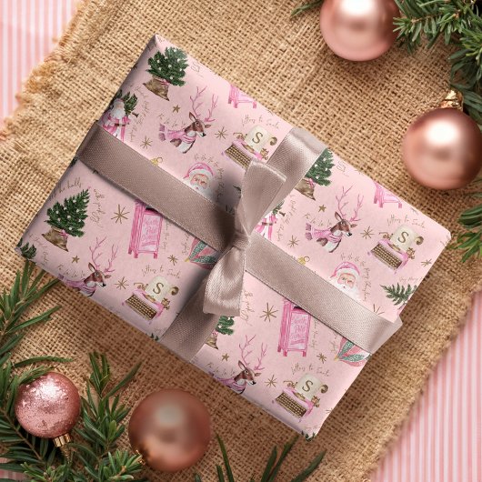  Santa Retro Roze Kerst Custom Monogram Inpakpapier Vel
