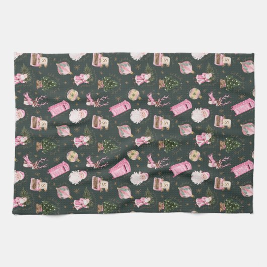  Santa Retro Roze Kerst Custom Monogram Theedoek (Horizontaal)