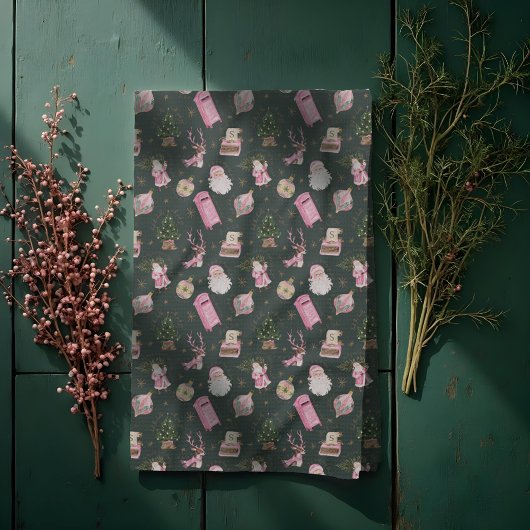  Santa Retro Roze Kerst Custom Monogram Theedoek