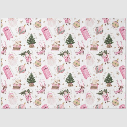 Santa Retro Roze Kerst Custom Monogram Tissuepapier (Voorkant)