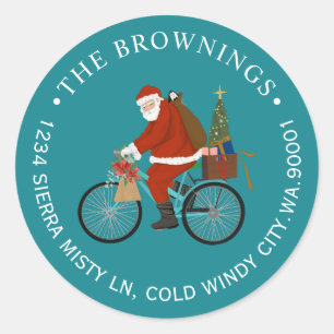 Santa Riding a Bike Kerstfeestdag Adres Ronde Sticker