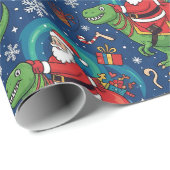 Santa Riding a Dinosaur Funny Christmas Design Cadeaupapier (Rol Hoek)