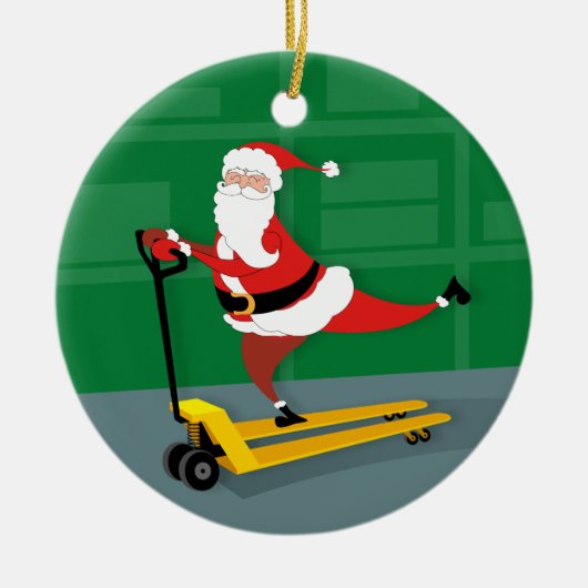 Santa Riding a Pallet Jack Keramisch Ornament (Voorkant)