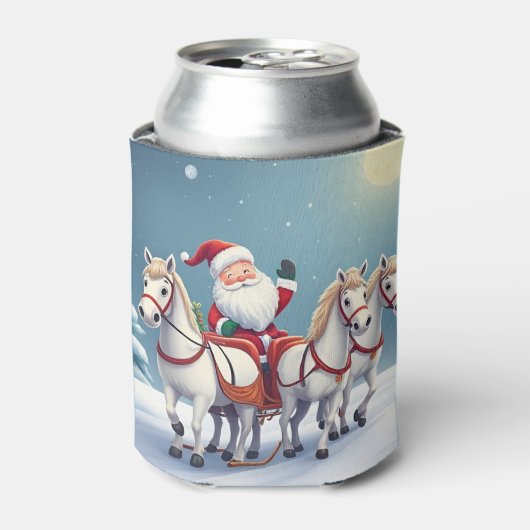 Santa Riding a Sleigh Led by White Horses Blikjeskoeler (Blikje Voorkant)