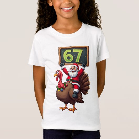 🎅🦃 Santa Riding a Turkey with Number 67 Funny T-shirt (Voorkant)