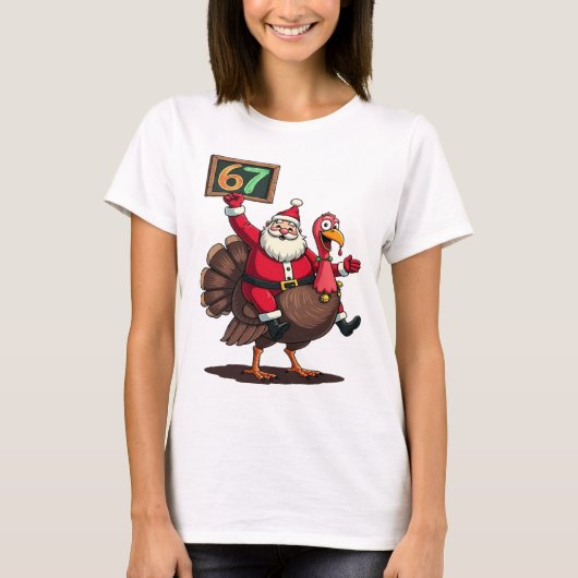 🎅🦃 Santa Riding a Turkey with Number 67 Funny T-shirt (Voorkant)