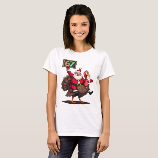 🎅🦃 Santa Riding a Turkey with Number 67 Funny T-shirt (Voorkant volledig)