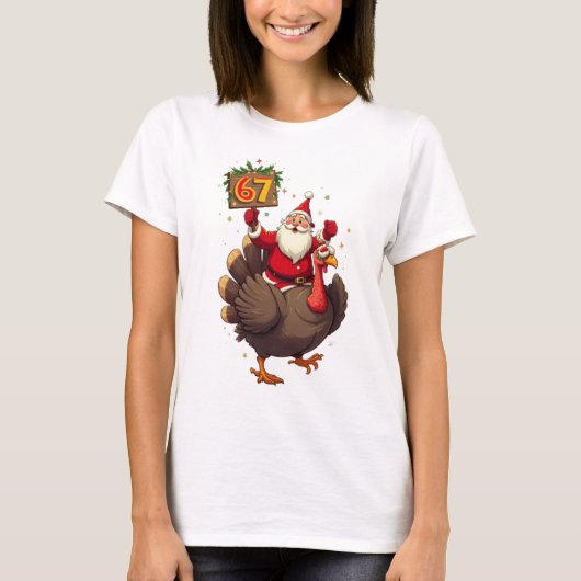 🎅🦃 Santa Riding a Turkey with Number 67 Funny  T-shirt (Voorkant)