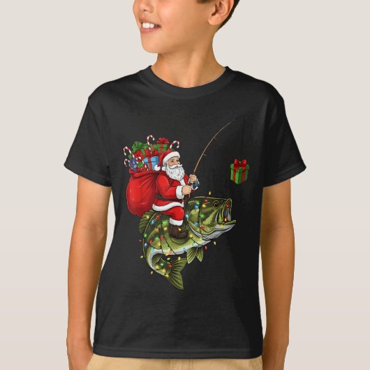 Santa Riding B Fish Christmas Fishing Funny Xmas P T-shirt (Voorkant)