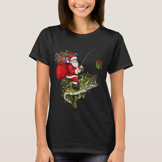 Santa Riding B Fish Christmas Fishing Funny Xmas P T-shirt (Voorkant)
