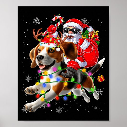 Santa Riding Beagle Christmas Lights Funny Dog Xma Poster (Voorkant)