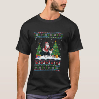 Santa Riding Border Collie Dog Tree Lights Ugly XM T-shirt