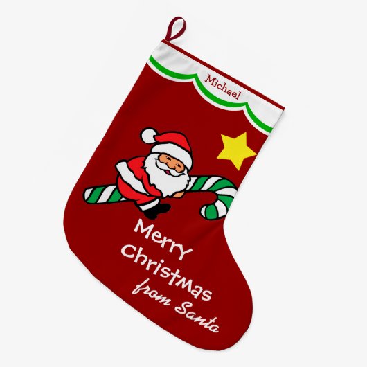 Santa Riding Candy Cane Grote Kerstsok (Voorkant (Hangend))