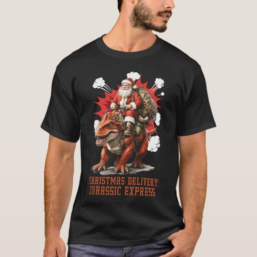Santa Riding Dino Men Black T-Shirt (Voorkant)