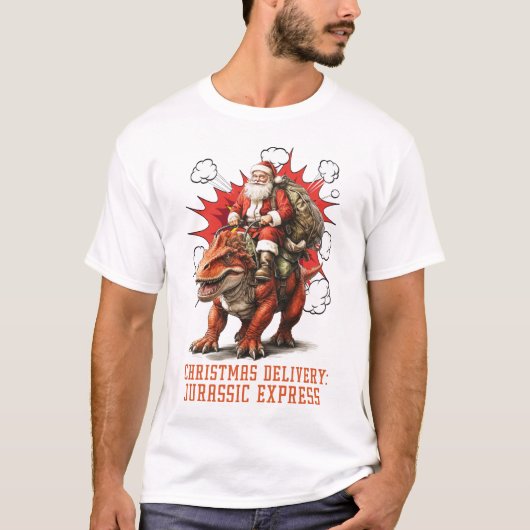 Santa Riding Dino Men White T-shirt (Voorkant)