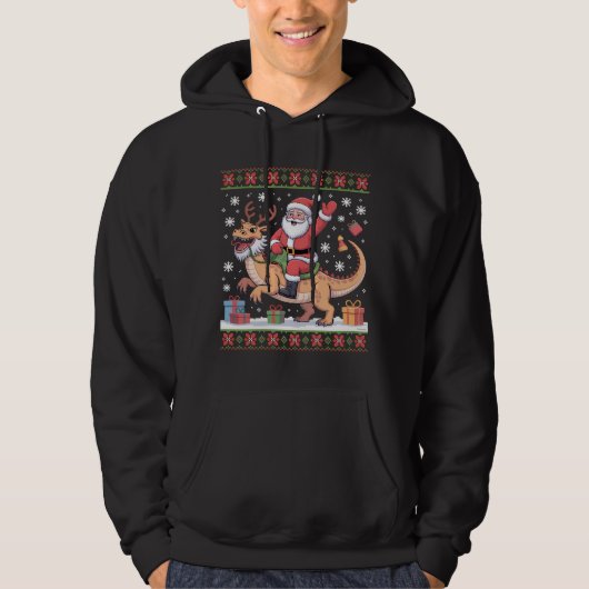 Santa Riding Dinosaur Christmas Art Hoodie (Voorkant)