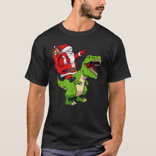 Santa Riding Dinosaur Christmas Pajama Cool Rex X  T-shirt (Voorkant)