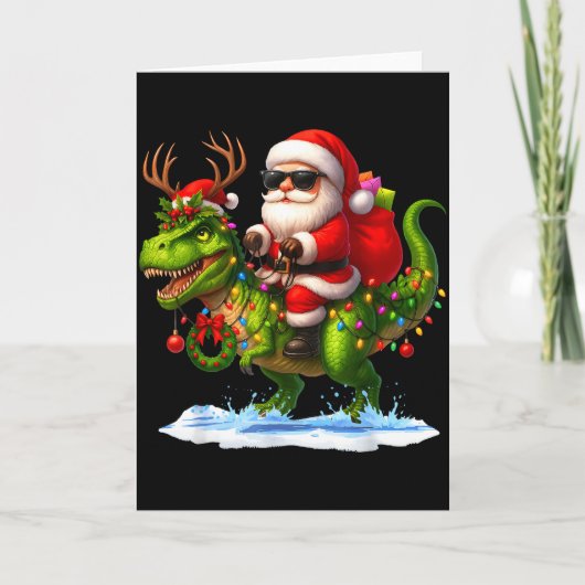 Santa Riding Dinosaur T Rex Christmas Boys Men Xma Kaart (Voorkant)