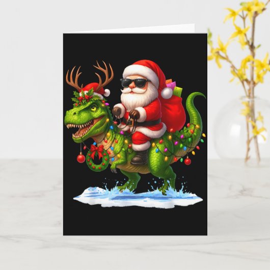 Santa Riding Dinosaur T Rex Christmas Boys Men Xma Kaart (Gele Bloem)