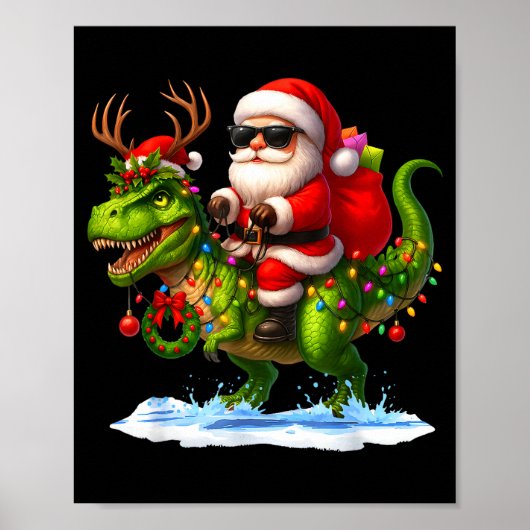Santa Riding Dinosaur T Rex Christmas Boys Men Xma Poster (Voorkant)