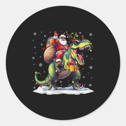 Santa Riding Dinosaur T Rex Christmas Boys Men Xma Ronde Sticker (Voorkant)