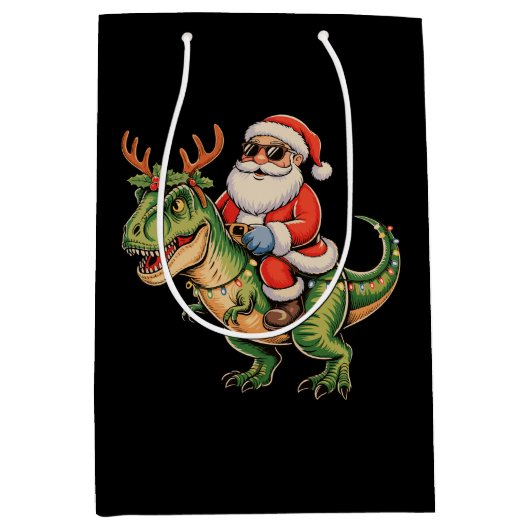 Santa Riding Dinosaur T Rex Christmas Retro Xmas Medium Cadeauzakje (Voorkant)