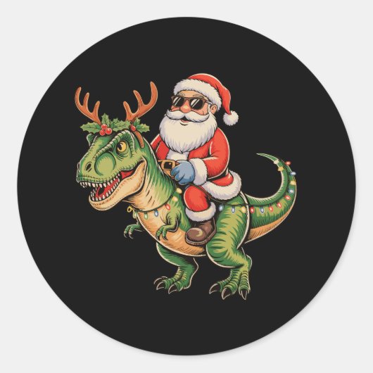Santa Riding Dinosaur T Rex Christmas Retro Xmas Ronde Sticker (Voorkant)