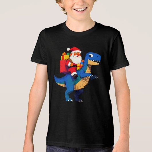 Santa Riding Dinosaur T Rex Funny Christmas Tri-Blend Shirt (Voorkant)