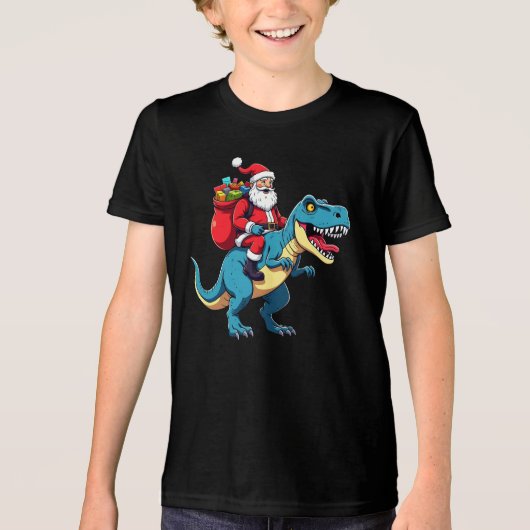 Santa Riding Dinosaur T Rex Funny Christmas Tri-Blend Shirt (Voorkant)