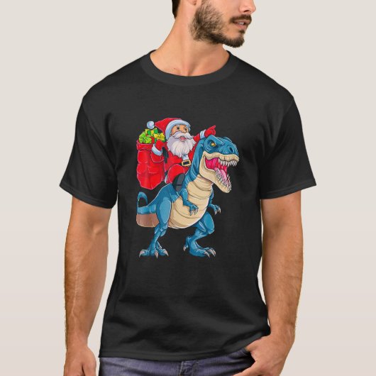 Santa Riding Dinosaur T Rex Funny kerstjongens M T-shirt (Voorkant)