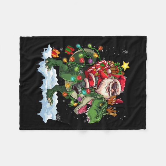 Santa Riding Dinosaur T Rex kerstboomverlichting Fleece Deken (Voorkant (Horizontaal))