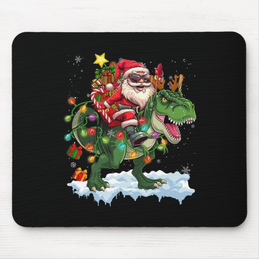 Santa Riding Dinosaur T Rex kerstboomverlichting Muismat (Voorkant)