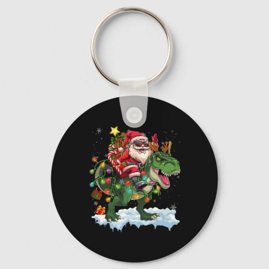 Santa Riding Dinosaur T Rex kerstboomverlichting Sleutelhanger (Voorkant)