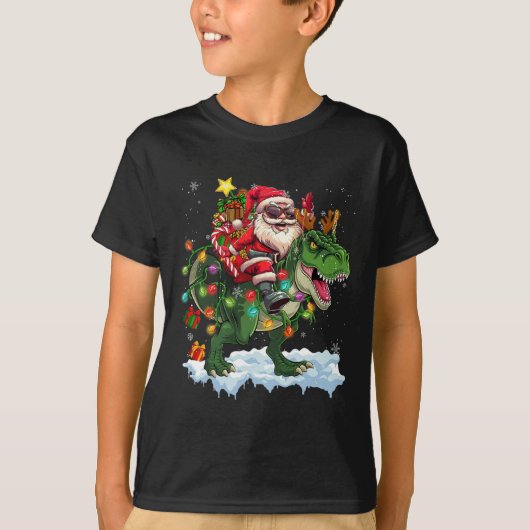 Santa Riding Dinosaur T Rex kerstboomverlichting T-shirt (Voorkant)