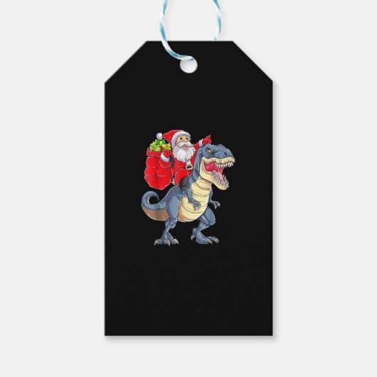 Santa Riding Dinosaur T Rex kerstjongens Man Xma Cadeaulabel (Voorkant)