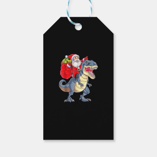 Santa Riding Dinosaur T Rex kerstjongens Man Xma Cadeaulabel (Achterkant)