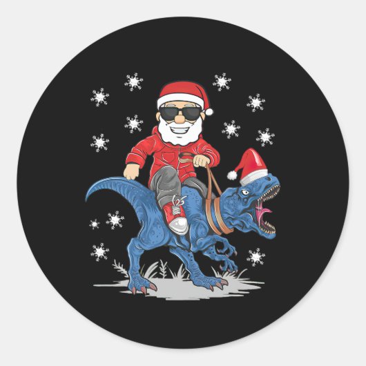 Santa Riding Dinosaur T rex kerstjongens Man Xma Ronde Sticker (Voorkant)
