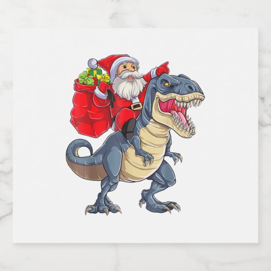 Santa Riding Dinosaur T rex kerstjongens Man Xma Sparkling Wijnetiket (Enkel label)