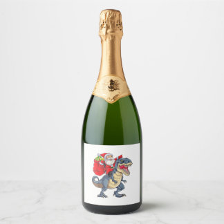 Santa Riding Dinosaur T rex kerstjongens Man Xma Sparkling Wijnetiket