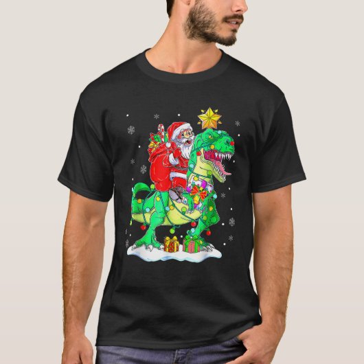 Santa Riding Dinosaur T Rex kerstjongens Man Xma T-shirt (Voorkant)