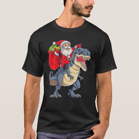 Santa Riding Dinosaur T Rex kerstjongens Man Xma T-shirt (Voorkant)