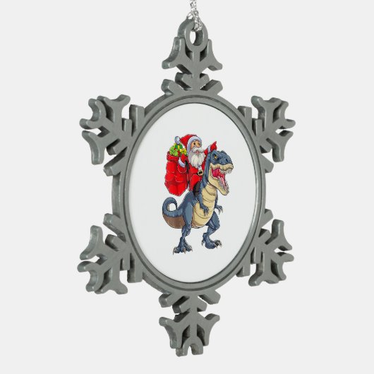 Santa Riding Dinosaur T rex kerstjongens Man Xma Tin Sneeuwvlok Ornament (Links)