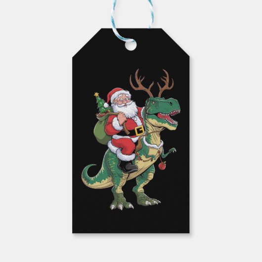 Santa Riding Dinosaur T-Rex Kerstmis Squad Cadeaulabel (Achterkant)
