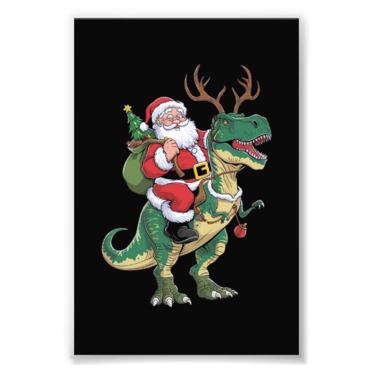 Santa Riding Dinosaur T-Rex Kerstmis Squad Foto Afdruk (Voorkant)