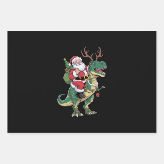Santa Riding Dinosaur T-Rex Kerstmis Squad Inpakpapier Vel (Voorkant)