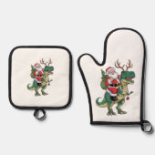 Santa Riding Dinosaur T-Rex Kerstmis Squad Ovenwant & Pannenlap Set (Voorkant)