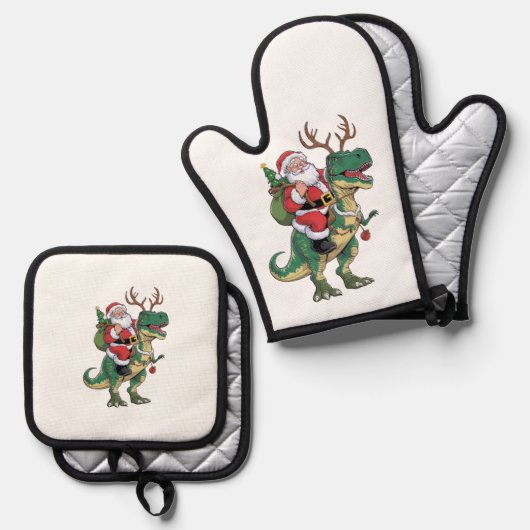 Santa Riding Dinosaur T-Rex Kerstmis Squad Ovenwant & Pannenlap Set (Voorkant / Achterkant)