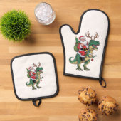 Santa Riding Dinosaur T-Rex Kerstmis Squad Ovenwant & Pannenlap Set (Top down)